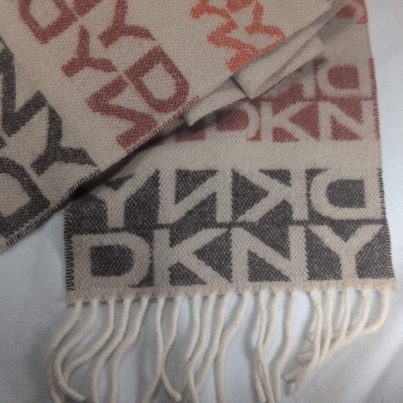 DKNY Wool Scarf Beige Brown Red Rectangle Rectangular Fringe Monogram Unisex O/S - Picture 3 of 9